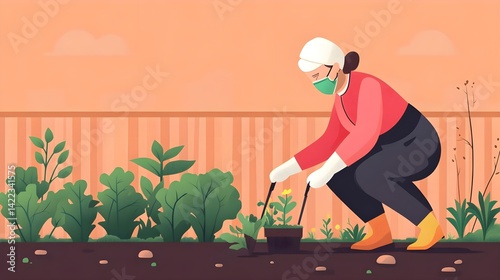 A woman in a mask plants vegetables in a garden, wearing gloves and boots, surrounded by green plants against a warm background.