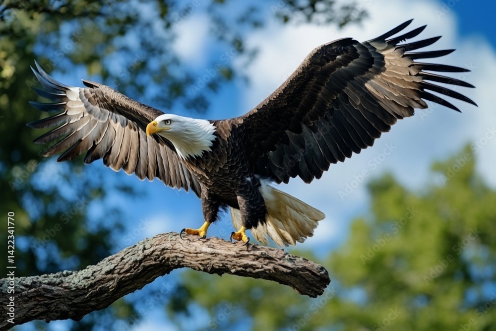 Fototapeta premium Powerful Bald Eagle Landing Gracefully on Tree Branch
