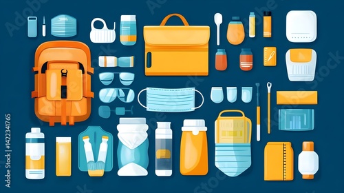 A colorful assembly of various everyday items, including a backpack, bottles, masks, and tools, arranged neatly against a blue background.