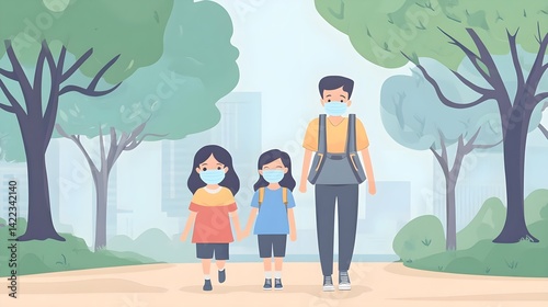 A family walks outdoors wearing masks in a city park, surrounded by trees, highlighting safety and community in a serene environment.