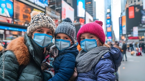 A family wearing masks smiles together in a vibrant, bustling city environment, showcasing love and togetherness amidst an urban backdrop.