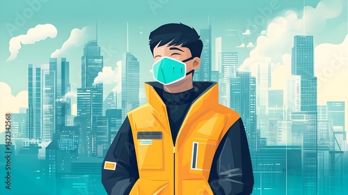 A digitally illustrated figure in a yellow jacket and mask stands against a modern city skyline, symbolizing urban life and health awareness.