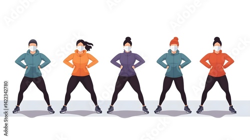 Five women in colorful activewear and masks stand confidently in a row, showcasing a range of exercise attire and poses.