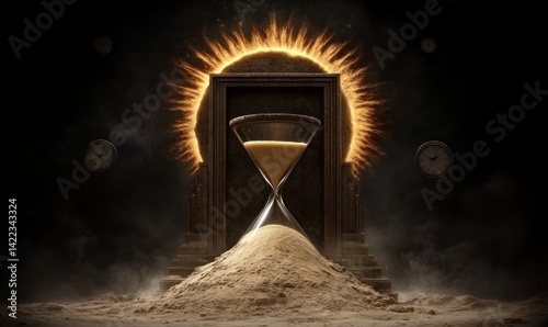 Hourglass, sand, time, portal, cosmic background, concept art