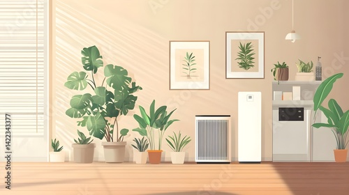 A serene indoor space featuring various green plants and minimalist decor, creating a calm atmosphere with warm lighting.