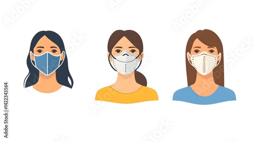 Three women wearing different types of face masks, showcasing various styles and colors, highlighting health and safety measures.