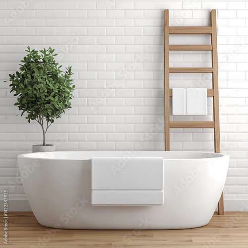 Minimalist Bathroom Interior: White Tub, Wooden Ladder, and Green Plant for Relaxing Ambiance and Serene Home Decor.
