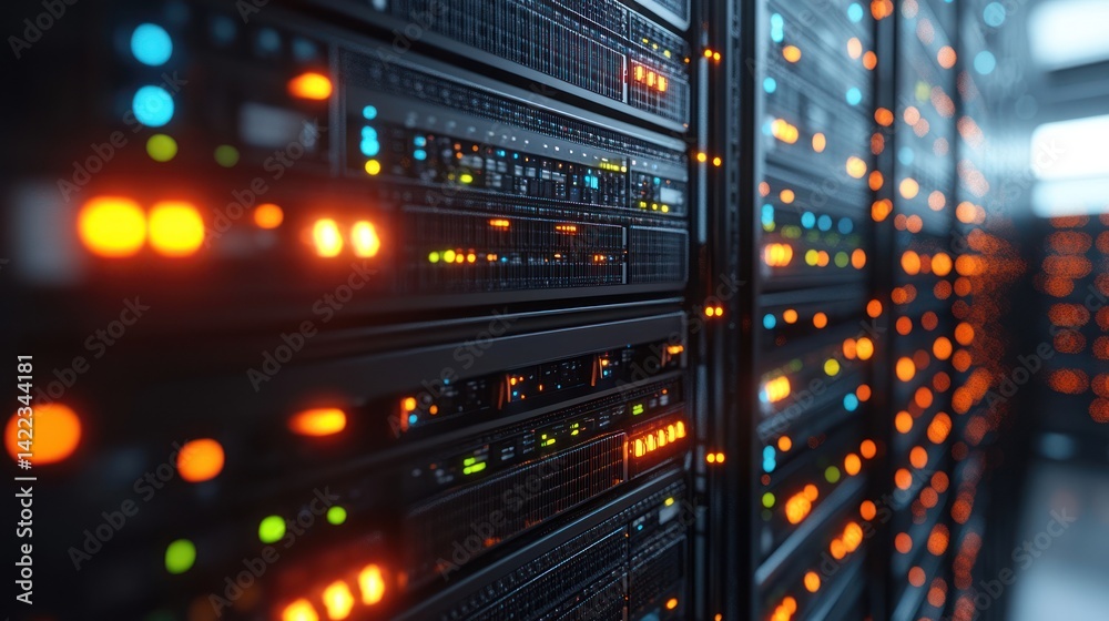 Illuminated server racks in a modern data center. (1) Illuminated server racks in a modern data center. (1)
