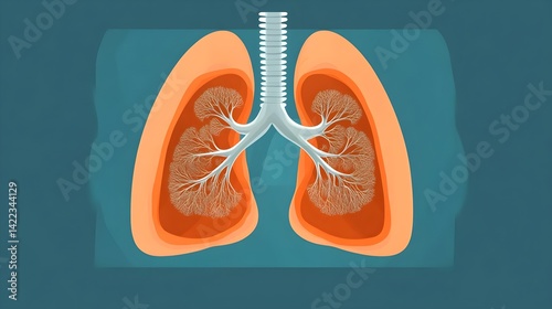 Illustration of human lungs, showcasing the bronchi and alveoli in a bright, colorful design, emphasizing respiratory structure and function.