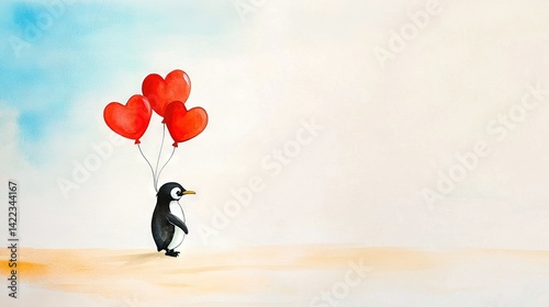   A penguin holding red heart balloons in a heart shape against a blue sky