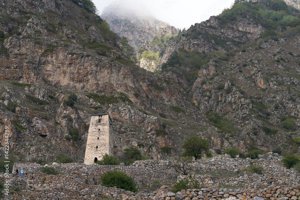 Authentic defensive structure in the rocky mountains. Upper Balkaria. Kabardino-Balkaria.