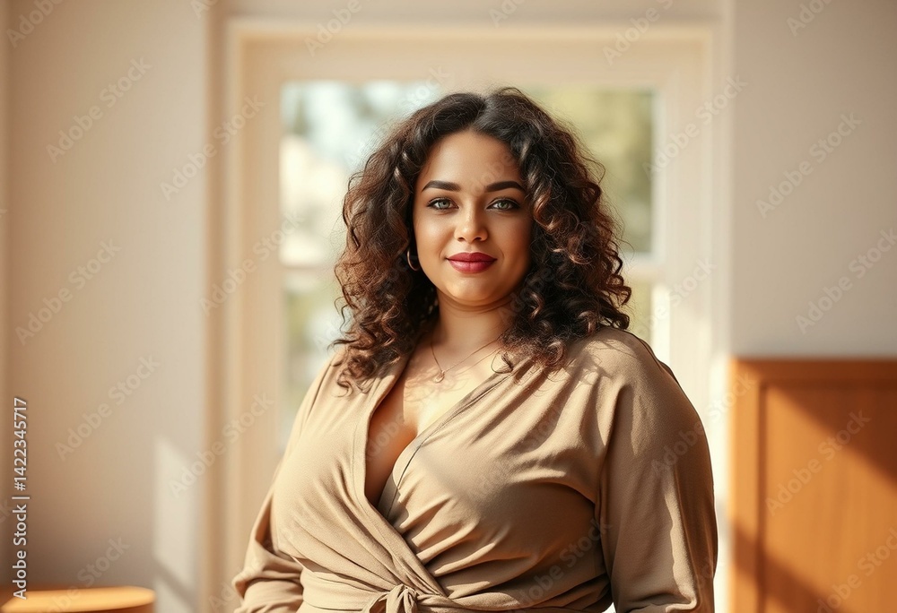 Photorealistic natural light portrait of a fashionable plus-size model Photorealistic natural light portrait of a fashionable plus-size model