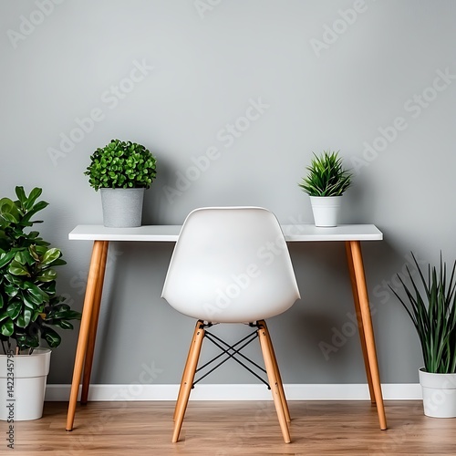 Minimalist desk setup featuring a white chair, wooden legs, plants, and a gray wall for a clean, modern home office.