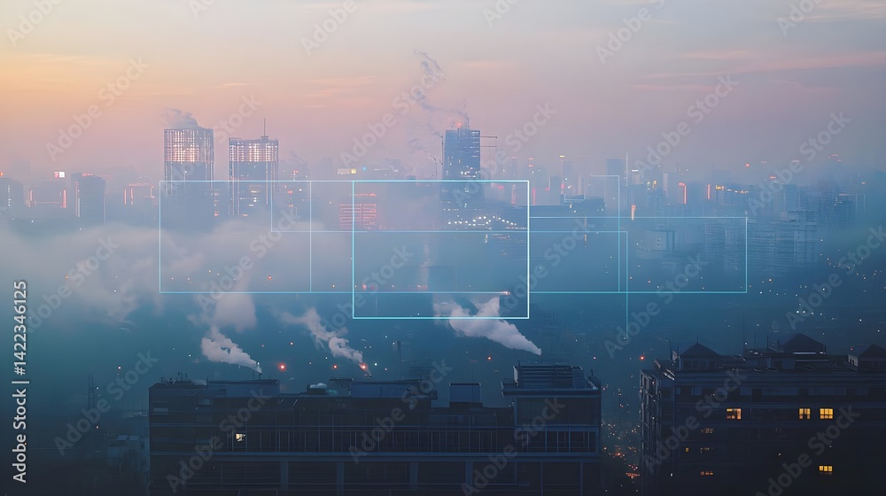 Obraz premium A hazy city skyline at dusk, with smoke rising from buildings, creating a moody atmosphere filled with pollution and urban life.