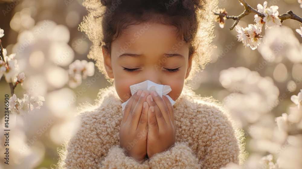 Multiracial Child Sneezing in Spring Blossom Garden. Allergy Season Concept for Health Awareness