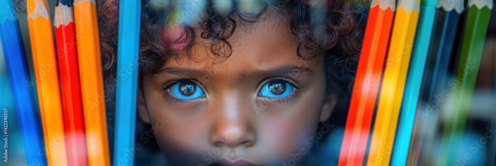 Multiracial Child at Stationery Store Window, Thoughtful Moments and Colorful Supplies for School Design