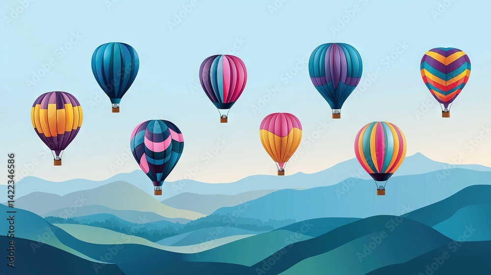 Obraz premium Group of hot air balloons flying on a mountain range against blue sky