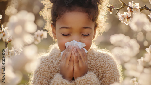 Obraz na płótnie Multiracial Child Sneezing in Spring Blossom Garden. Allergy Season Concept for Health Awareness w salonie