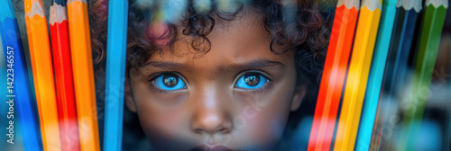 Obraz na płótnie Multiracial Child at Stationery Store Window, Thoughtful Moments and Colorful Supplies for School Design w salonie