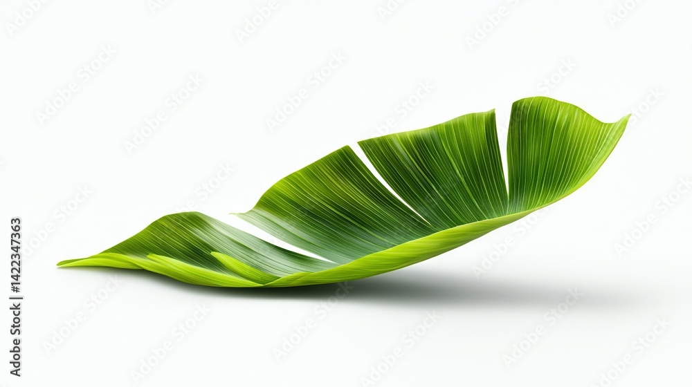 Fototapeta premium Close-up of a green leaf on white background with light reflection at bottom