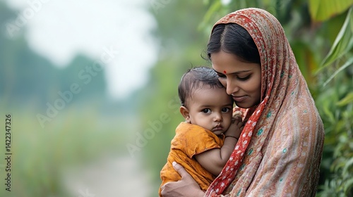 Modern Indian mother in saree embracing baby boy with rural village backdrop, natural lighting creating cinematic warmth for Mother's Day themes.