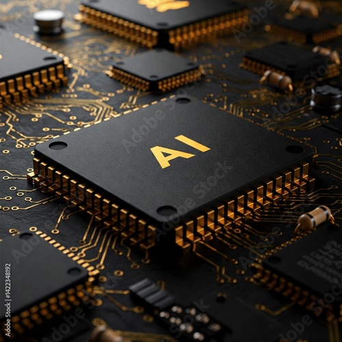 AI Chip Close-up. Golden Circuitry on Black Background