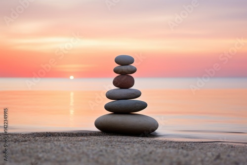 Stacked rocks on beach at sunset