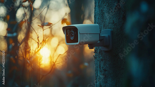 Close-up of a sleek white smart security camera mounted on a wall symbolizes surveillance safety and modern monitoring technology in a minimal bright setting with a focus on privacy and control

 photo