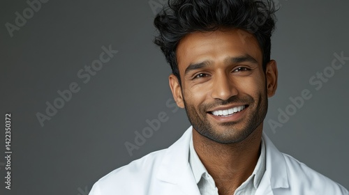 medicine, science and profession concept - smiling indian male doctor or scientist in white coat over grey background