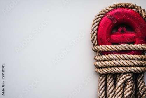 Red mooring cleat and rope on white background; nautical detail