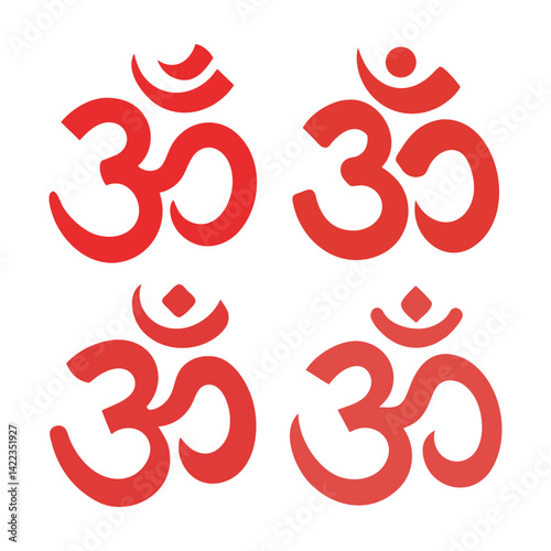 Red Om Symbol Set, Hindu Spirituality Icon, Om symbol isolated on white background