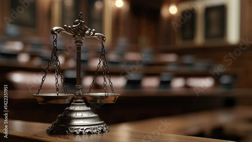 Scales of justice inside a courtroom representing fairness and law