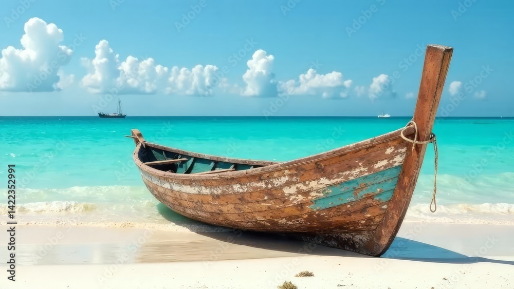 Old wooden boat on white sand on the shore of turquoise sea, ocean in sunny clear weather. Clouds in the sky in the background Old wooden boat on white sand on the shore of turquoise sea, ocean in sunny clear weather. Clouds in the sky in the background