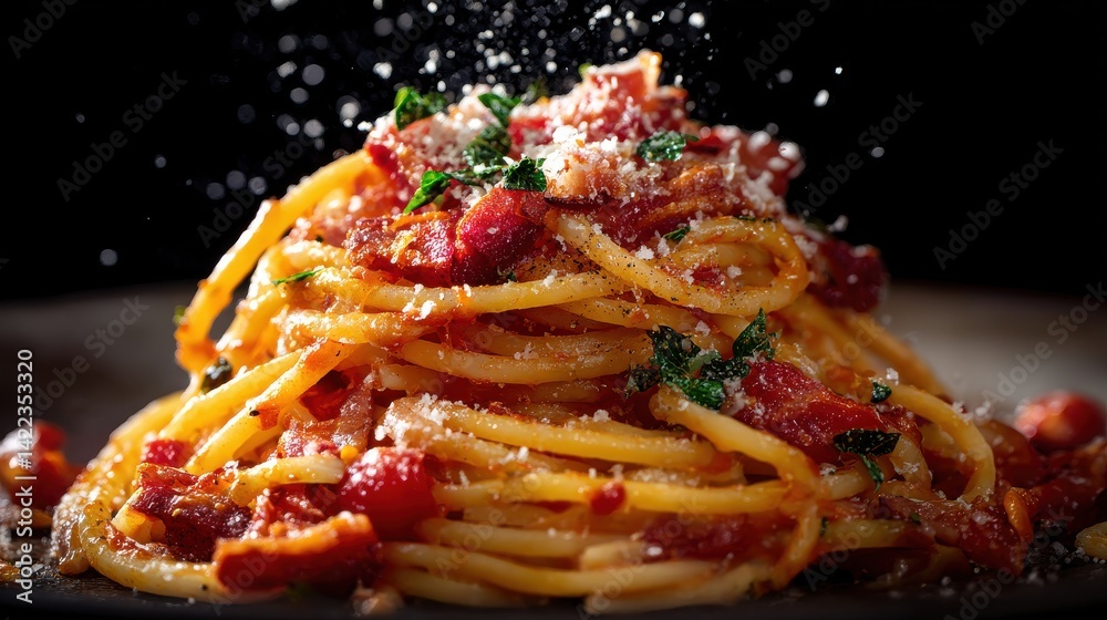 Fototapeta premium A delicious plate of pasta with a rich tomato sauce, topped with Parmesan cheese and fresh herbs.
