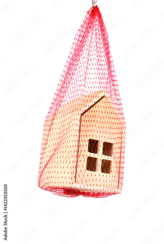 Φωτογραφία Model house suspended in a red mesh safety net