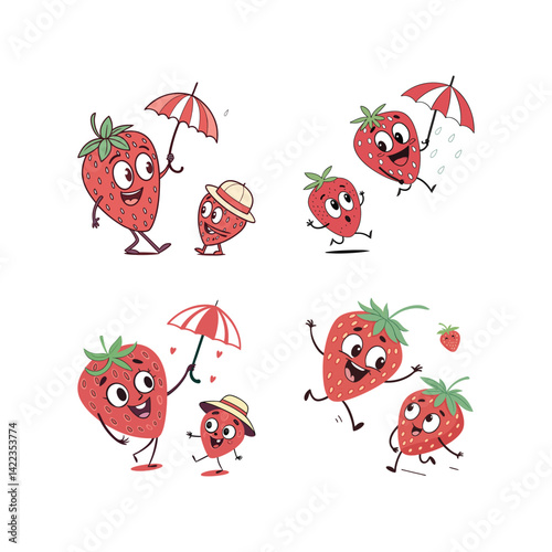 Playful Strawberry Family's Adventures: A collection of charming cartoon illustrations depicts a parent strawberry and its child in a variety of cheerful scenes, embracing themes of fun, care.
