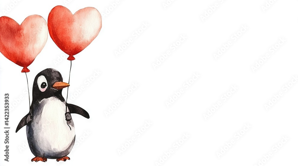 Obraz premium A penguin holding two heart-shaped balloons in its back against a white background