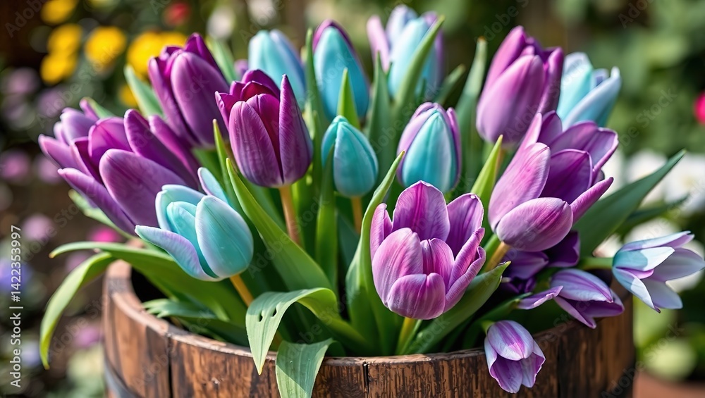 Obraz premium Teal and Purple Tulips and Plumbago in a Barrel Planter - Springtime Beauty