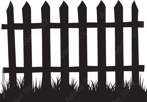 Wooden Picket Fence Silhouette Vector EPS | Garden or Farm Grass Border Isolated Clipart
