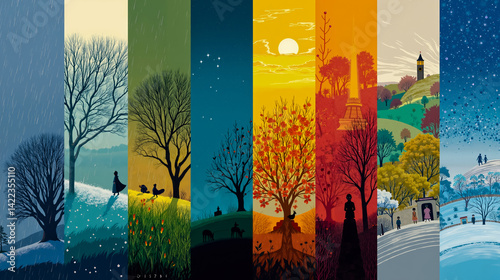A series of six images depicting different seasons