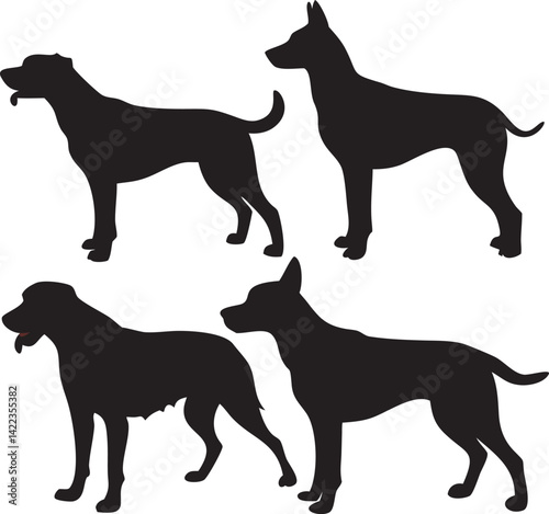 Diverse dog breeds silhouettes standing side by side in a row