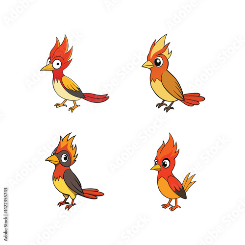 Animated Birds in Joyful Ensemble: Four vibrant birds with striking plumage stand out, each boasting a unique pose in a playful showcase of joy. Ideal for educational materials, children's books.
