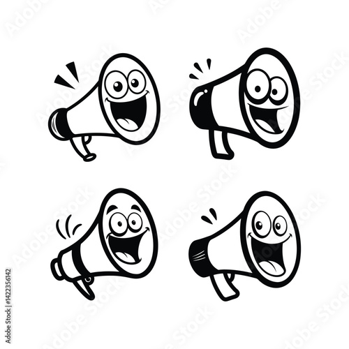 Smiling Megaphone Icons: A collection of playful megaphone icons with cartoon-like smiles and dynamic shapes, perfect for conveying messages with cheer and enthusiasm. 