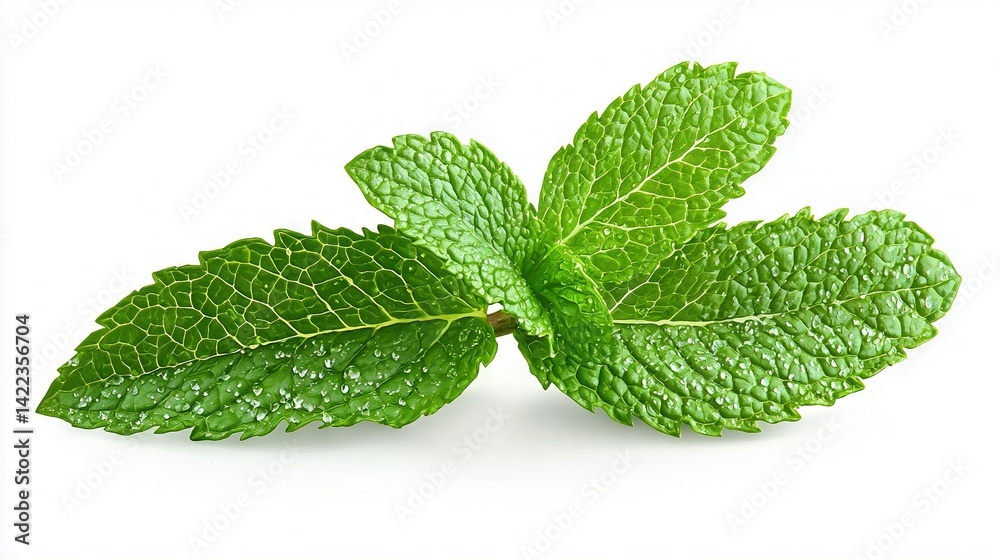 A detailed image of a mint leaf with droplets of water, set against a pure white backdrop A detailed image of a mint leaf with droplets of water, set against a pure white backdrop