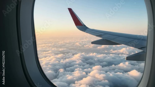 View of an airplane wing,. Airplane wing scenic calmly flying above soft white clouds under sunset sky