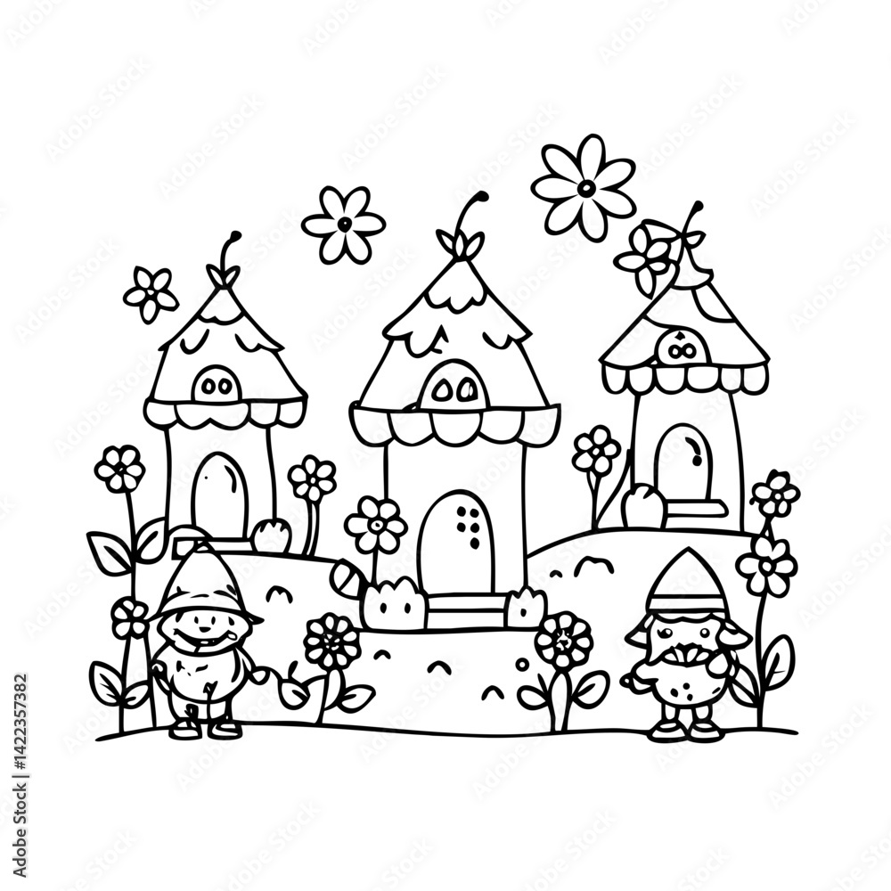Naklejka premium Kids' coloring page in fantasy style, black and white line art of gnome houses with mushroom roofs, smiling gnomes gardening, birds flying, and flowers blooming