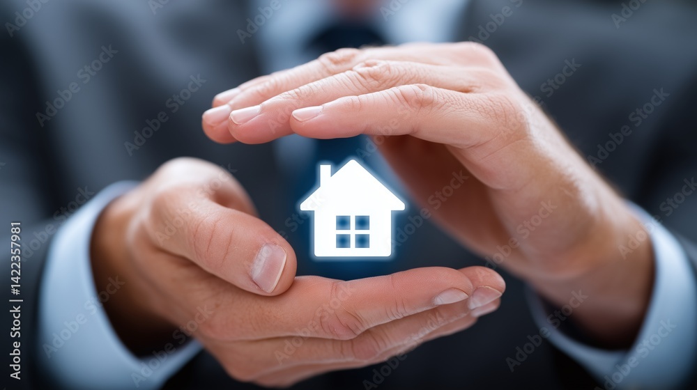 Businessman hands shield a glowing house icon, symbolizing real estate safety and secure property ownership. Concept of home insurance, mortgage, loan protection Businessman hands shield a glowing house icon, symbolizing real estate safety and secure property ownership. Concept of home insurance, mortgage, loan protection