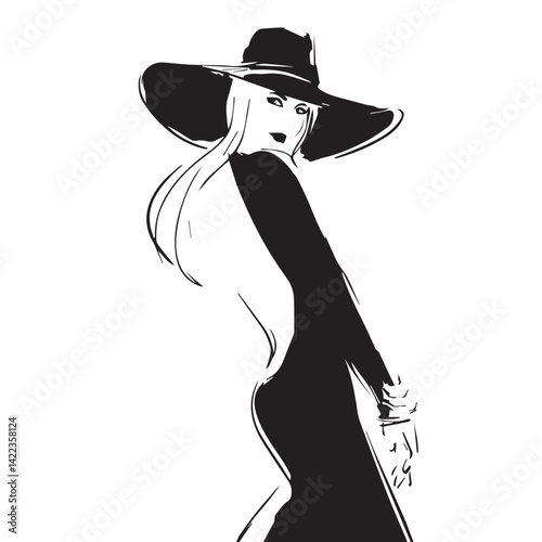 lady in summer with large brim hat Icon Vector Art Illustration, Black and White Outline Design