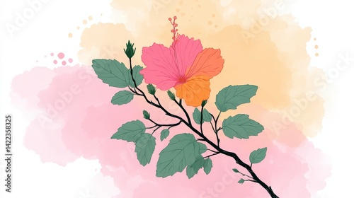 Pastel Hibiscus Flower  Watercolor Background  Botanical Art Print