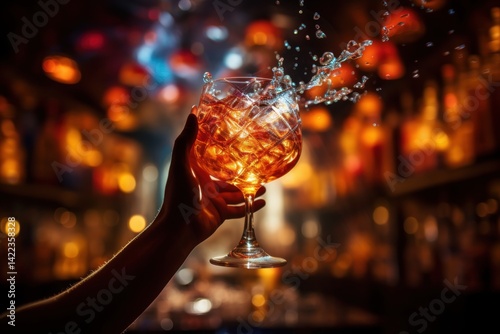 Wallpaper Mural Sparkling glass of whiskey being poured, illuminated by warm yellow-orange bar lights Torontodigital.ca